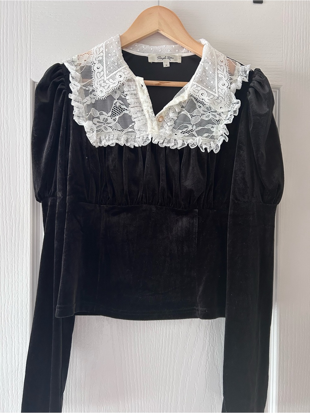 Black Velvet Blouse with White Lace Collar